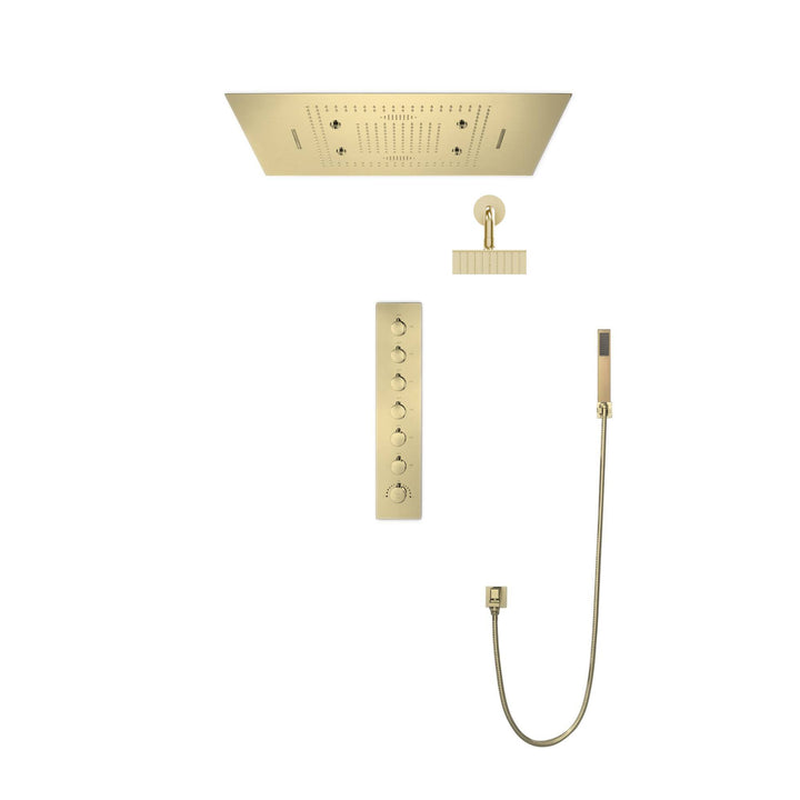 Brushed Gold Music LED Flushed in 31inch shower head 6 way thermostatic valve that each function run all together and separately