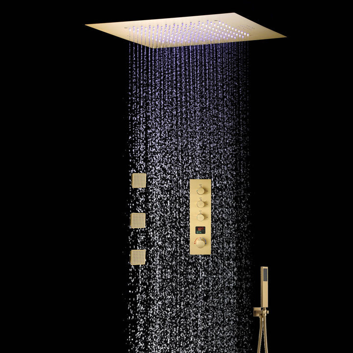 
                  
                    Brushed Gold Music 64 LED lights Flushed mount 20 X 20 inch rain shower head 3 way Digital display thermostatic valve that each function run all together and separately
                  
                