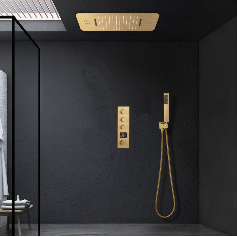 Brushed Gold Music 64 LED lights Flushed mount 23X 15inch shower head 3 way Digital display thermostatic valve that each function run all together and separately