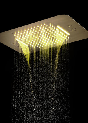 Brushed Gold Music 64 LED lights Flushed mount 23X 15inch shower head 3 way Digital display thermostatic valve that each function run all together and separately