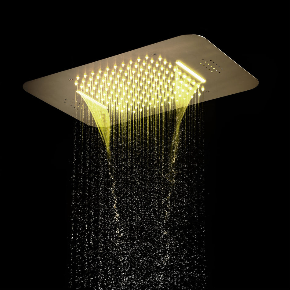 Brushed Gold Music 64 LED lights Flushed mount 23X 15inch shower head 3 way Digital display thermostatic valve that each function run all together and separately