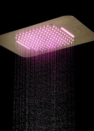 Brushed Gold Music 64 LED lights Flushed mount 23X 15inch shower head 3 way Digital display thermostatic valve that each function run all together and separately