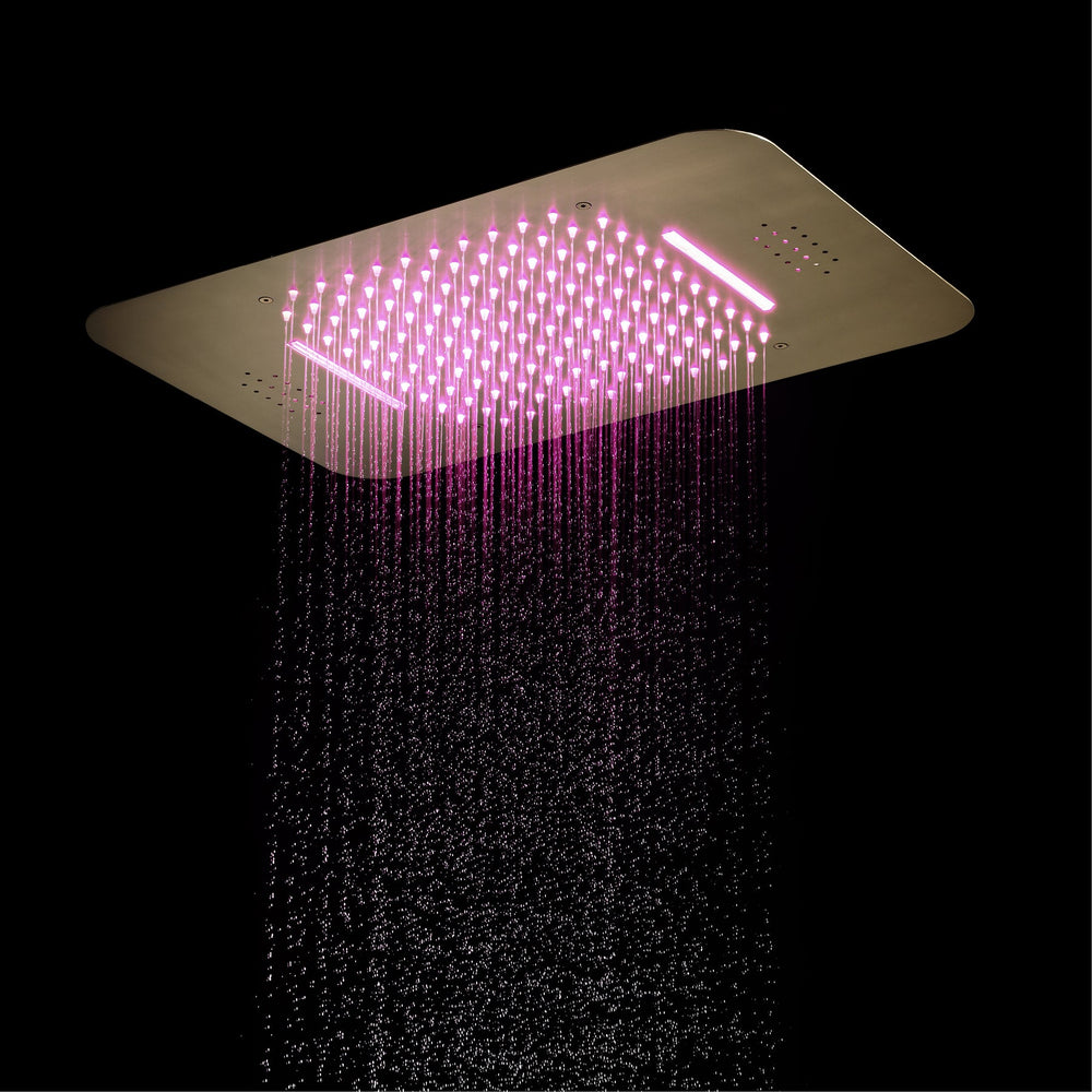 
                  
                    Brushed Gold Music 64 LED lights Flushed mount 23X 15inch shower head 3 way Digital display thermostatic valve that each function run all together and separately
                  
                