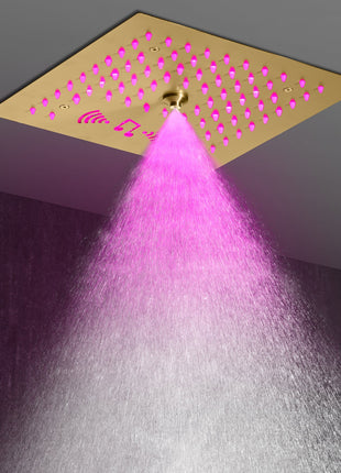 Flushed mount 12 inch 64 LED colors light Brushed gold Bluetooth Music 4 Way Thermostatic Shower Faucet with body sprayers