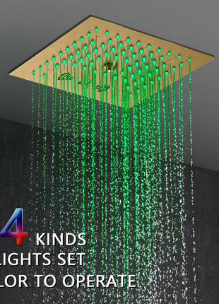Flushed mount 12 inch 64 LED colors light Brushed gold Bluetooth Music 4 Way Thermostatic Shower Faucet with body sprayers