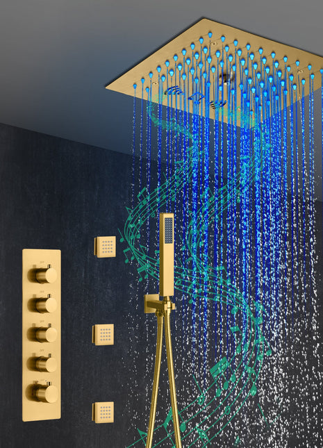 Flushed mount 12 inch 64 LED colors light Brushed gold Bluetooth Music 4 Way Thermostatic Shower Faucet with body sprayers