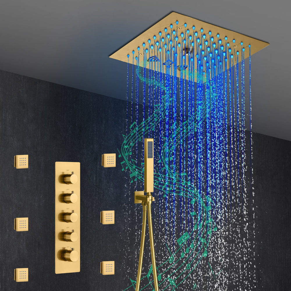 Flushed mount 12 inch 64 LED colors light Brushed gold Bluetooth Music 4 Way Thermostatic Shower Faucet with body sprayers