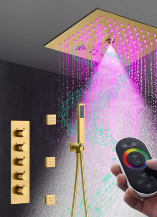 Flushed mount 12 inch 64 LED colors light Brushed gold Bluetooth Music 4 Way Thermostatic Shower Faucet with body sprayers