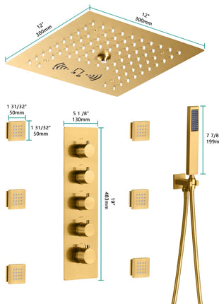 Flushed mount 12 inch 64 LED colors light Brushed gold Bluetooth Music 4 Way Thermostatic Shower Faucet with body sprayers