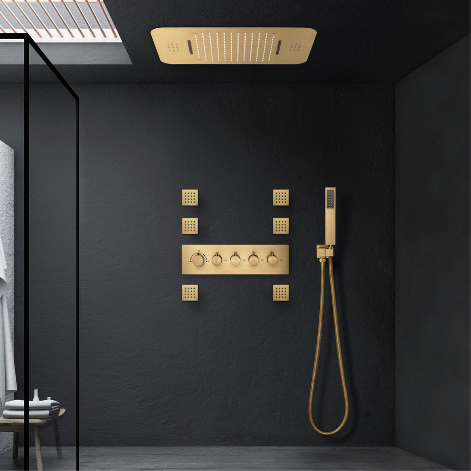 Brushed Gold Music LED Flushed in 23X 15inch shower head 4 way thermostatic valve that each function run all together and separately