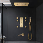 Brushed Gold 23 Inch Flushed Ceiling Mount Rainfall Waterfall 64 LED Light Bluetooth Music Shower Head 5 Way Thermostatic Shower Faucet Set with Body Jets and Touch Panel