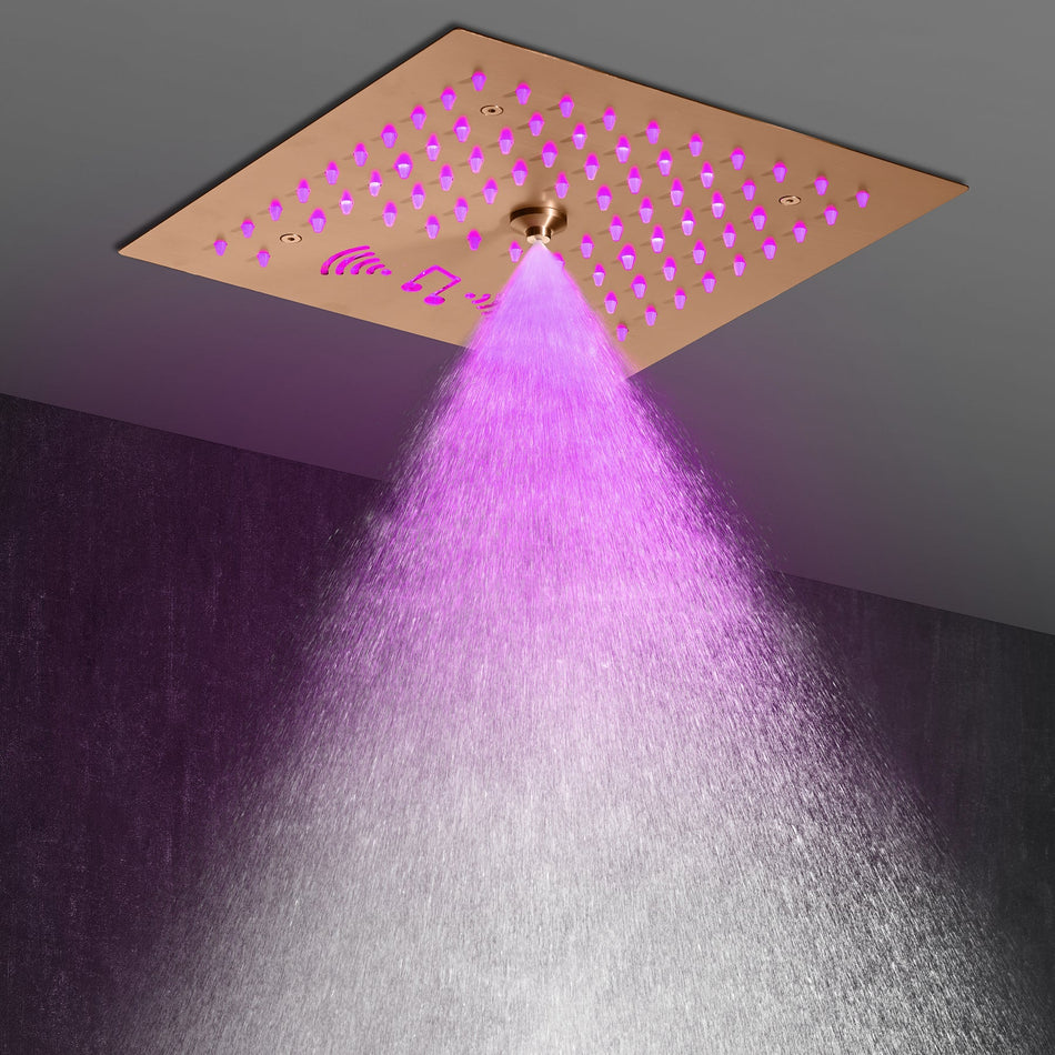 Flushed mount 12 inch 64 LED colors light Rose Gold Bluetooth Music 4 Way Thermostatic Shower Faucet with body sprayers