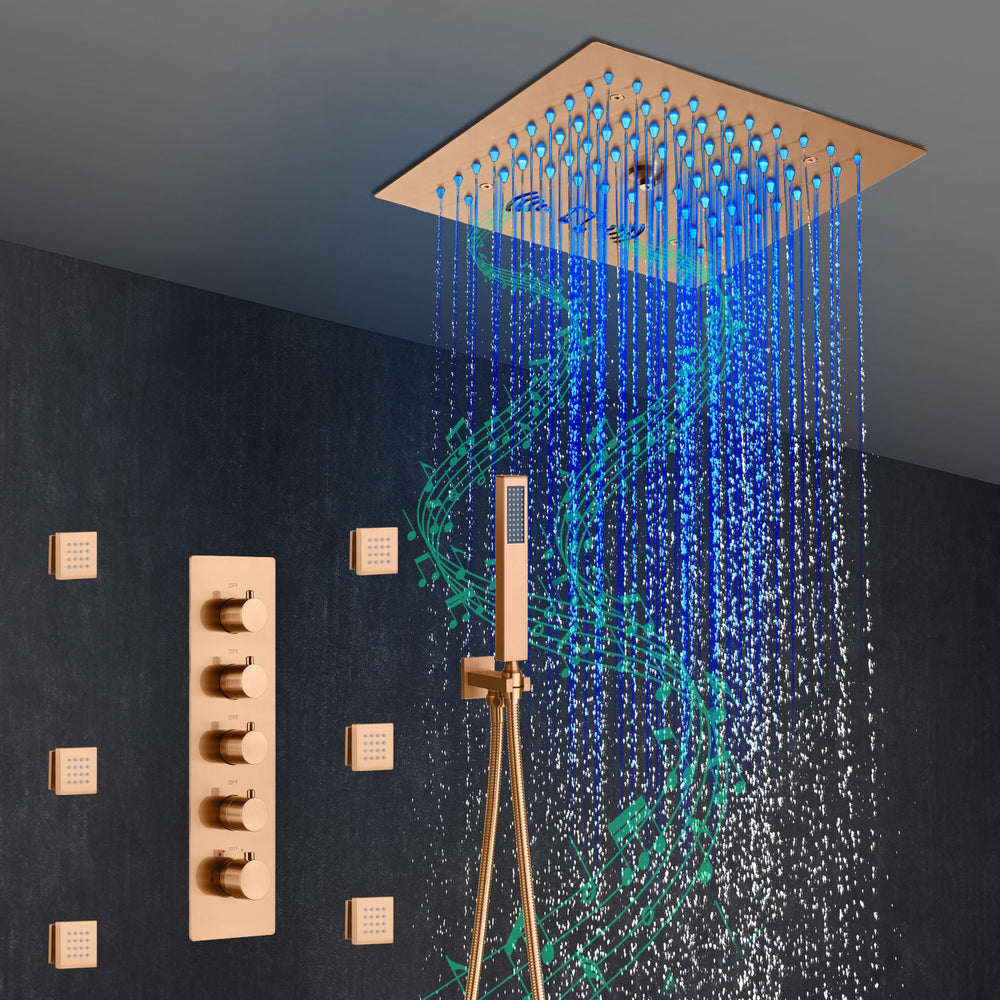 
                  
                    Flushed mount 12 inch 64 LED colors light Rose Gold Bluetooth Music 4 Way Thermostatic Shower Faucet with body sprayers
                  
                