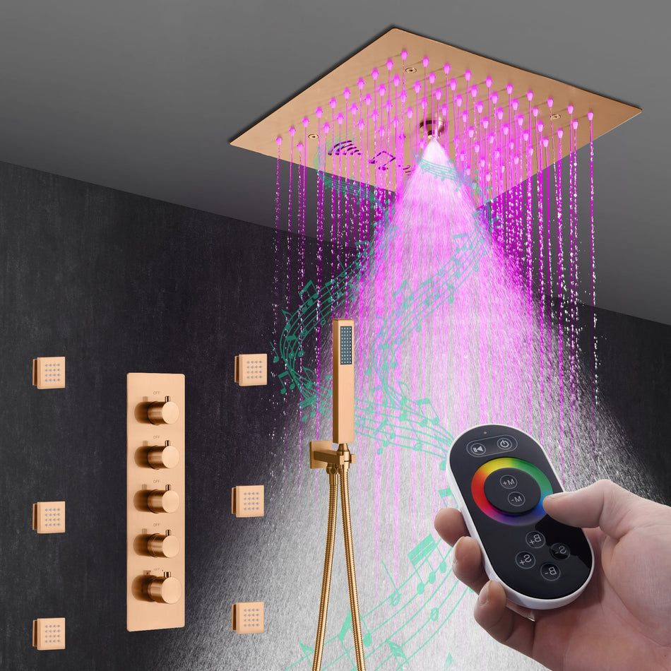 Flushed mount 12 inch 64 LED colors light Rose Gold Bluetooth Music 4 Way Thermostatic Shower Faucet with body sprayers
