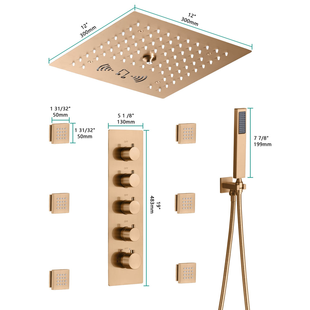 
                  
                    Flushed mount 12 inch 64 LED colors light Rose Gold Bluetooth Music 4 Way Thermostatic Shower Faucet with body sprayers
                  
                