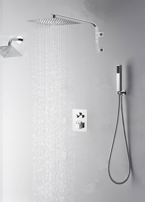 Chrome 12 inch or 16 inch rainfall shower head 22 inch wall mount arm 6 inch regular high water pressure shower head 3 way thermostatic shower faucet each function work all together and separately