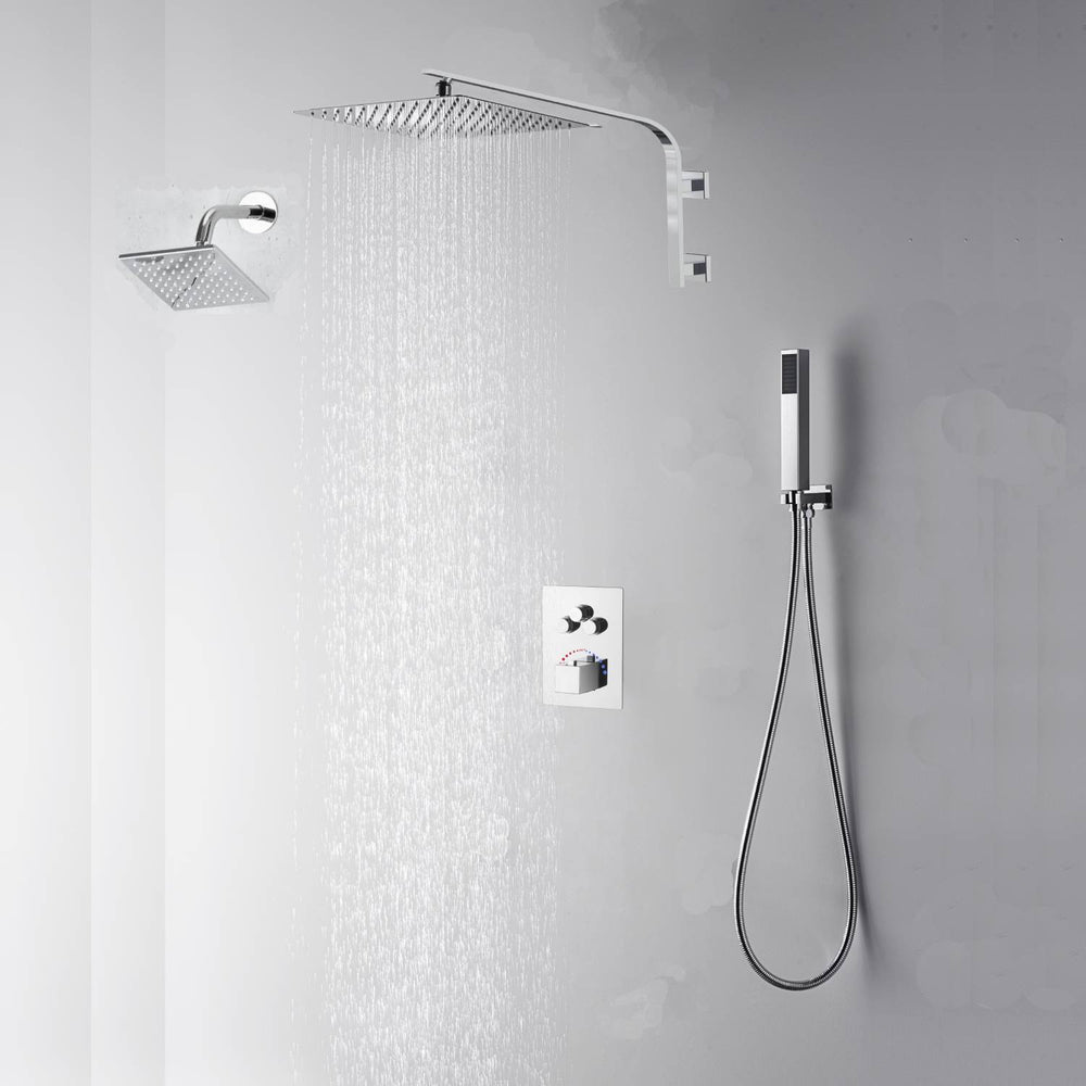 
                  
                    Chrome 12 inch or 16 inch rainfall shower head 22 inch wall mount arm 6 inch regular high water pressure shower head 3 way thermostatic shower faucet each function work all together and separately
                  
                