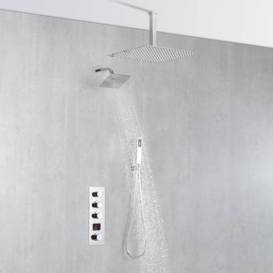 Chrome Ceiling 12 Inch or 16 inch Rainfall Shower Head Wall Mount 6 Inch Regular High Water Pressure Shower Head 3 Way Digital display Thermostatic Shower Faucet Each Function Work All Together And Separately