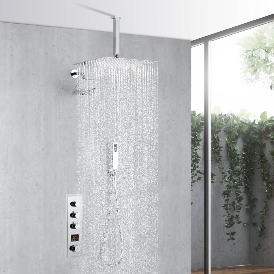 Chrome Ceiling 12 Inch or 16 inch Rainfall Shower Head Wall Mount 6 Inch Regular High Water Pressure Shower Head 3 Way Digital display Thermostatic Shower Faucet Each Function Work All Together And Separately