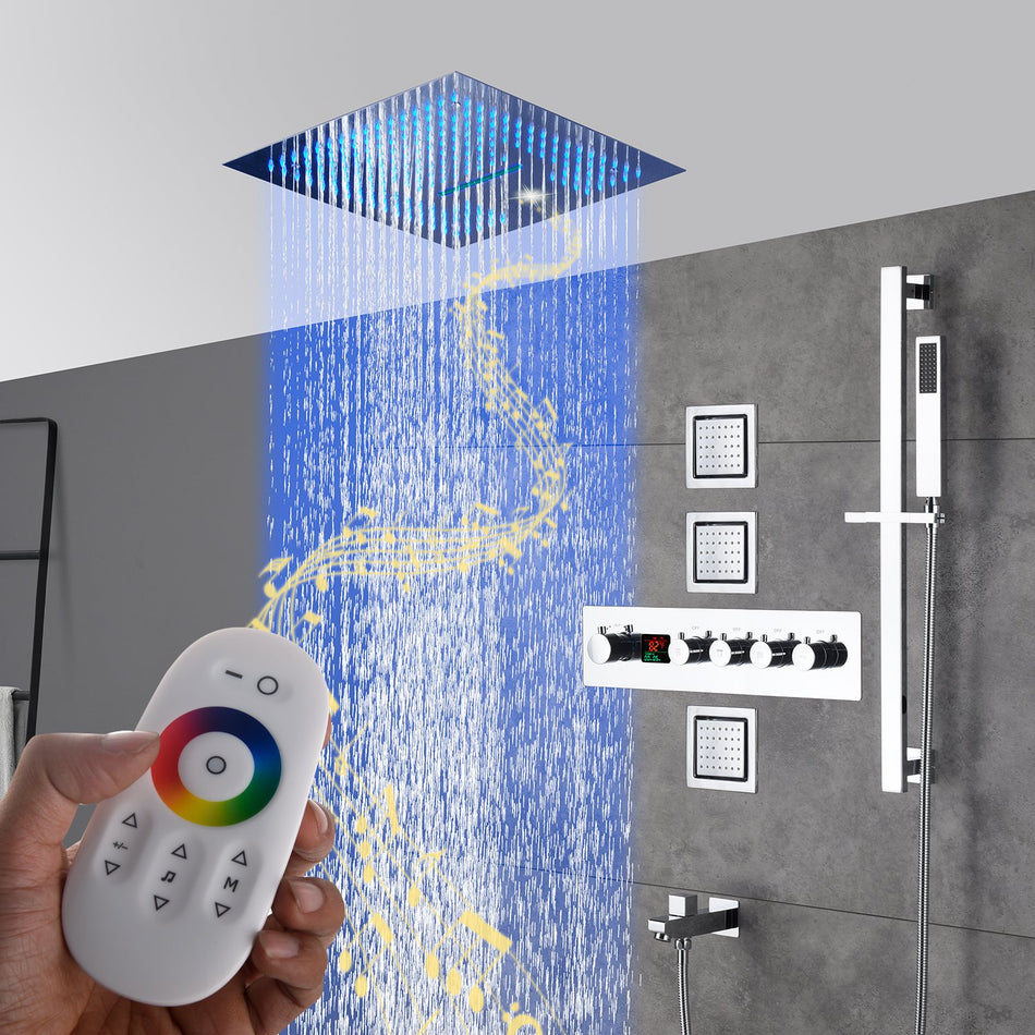 16inch 64 colors LED Chrome Flushed in shower head 4 Way digital display Thermostatic Shower Faucet with body jets and sliding bar