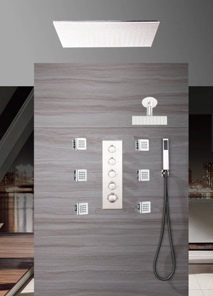 Chrome ceiling mount 20 inch or 24 inch rainfall shower head system 4 way thermostatic shower faucet with wall mount 6 inch high water pressure regular shower head