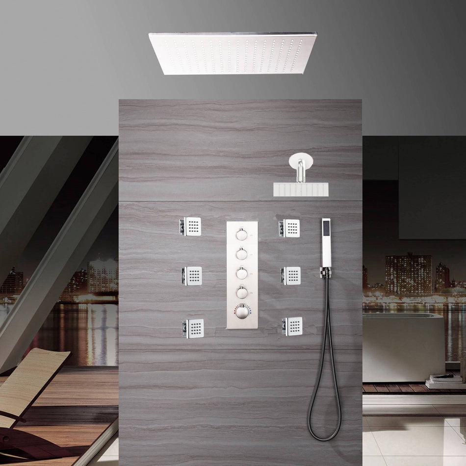 24'' ceiling mounted LED Chrome 4 way thermostatic shower system with body jets and 8inch wall mount shower head