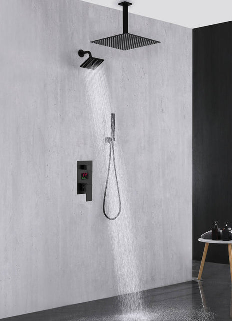 matte black ceiling mount 12 inch or 16 inch rainfall shower head 3 way digital regular rough in valve shower system with wall mount 6 inch high water pressure brass shower head