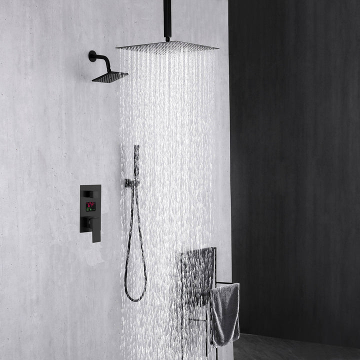 matte black ceiling mount 12 inch or 16 inch rainfall shower head 3 way digital regular rough in valve shower system with wall mount 6 inch high water pressure brass shower head