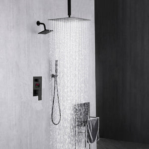 
                  
                    matte black ceiling mount 12 inch or 16 inch rainfall shower head 3 way digital regular rough in valve shower system with wall mount 6 inch high water pressure brass shower head
                  
                