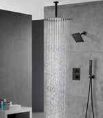 Matte Black Ceiling 12 Inch or 16 inch Rainfall Shower Head Wall Mount 6 Inch Regular High Water Pressure Shower Head 3 Way Thermostatic Shower Faucet Each Function Work All Together And Separately