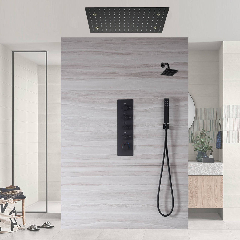 Matte black 20 inch mist rainfall LED shower head system 4 way thermostatic shower faucet with wall mount 6 inch high water pressure regular shower head