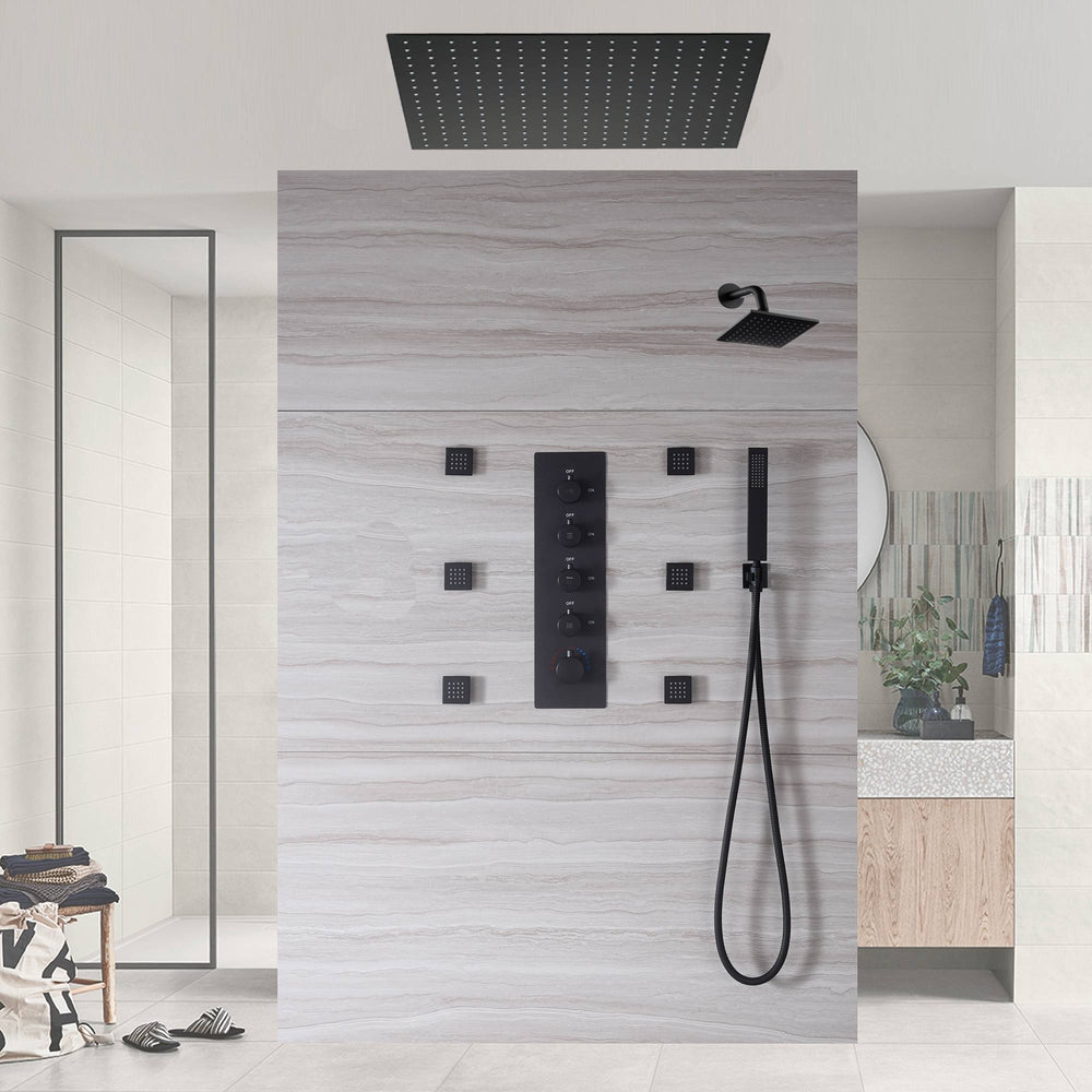 
                  
                    24 inch or 20 inch matte black rainfall shower system 4 way thermostatic rough in valve with body jets and 8inch wall mount shower head
                  
                