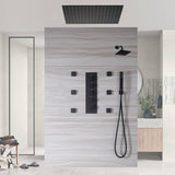 24 inch or 20 inch matte black rainfall shower system 4 way thermostatic rough in valve with body jets and 6 inch wall mount shower head