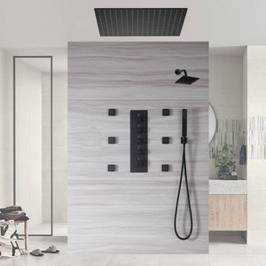 
                  
                    24 inch or 20 inch matte black rainfall shower system 4 way thermostatic rough in valve with body jets and 6 inch wall mount shower head
                  
                
