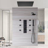 24 inch or 20 inch matte black rainfall shower system 4 way thermostatic rough in valve with body jets and 6 inch wall mount shower head