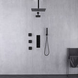 Matte Black Ceiling Mount 12 inch or 16 Inch Rainfall Shower Head Wall Mount 6 Inch High Water Pressure Regular Shower Head 4 Way Thermostatic Shower Faucet Set with Body Jets