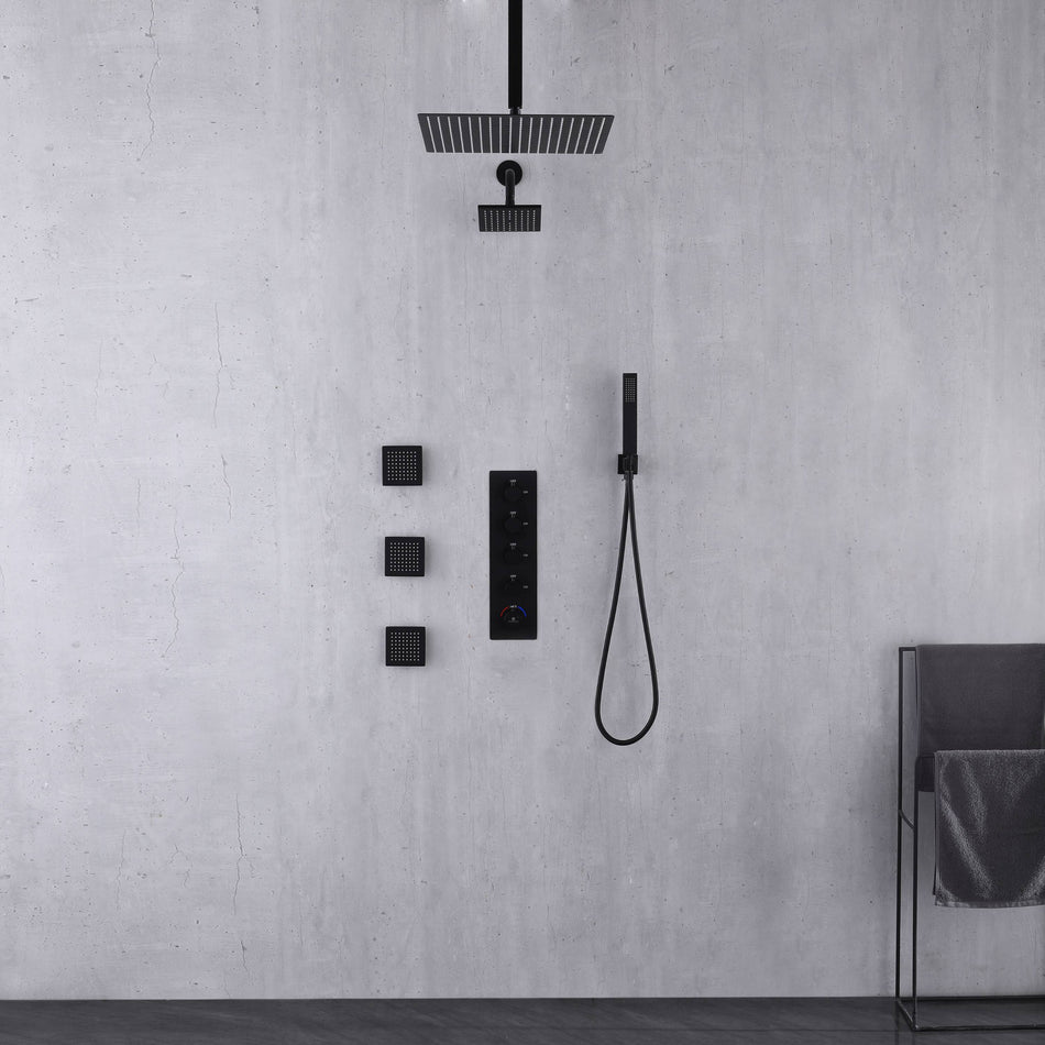 Matte Black Ceiling Mount 12 inch or 16 Inch Rainfall Shower Head Wall Mount 6 Inch High Water Pressure Regular Shower Head 4 Way Thermostatic Shower Faucet Set with Body Jets