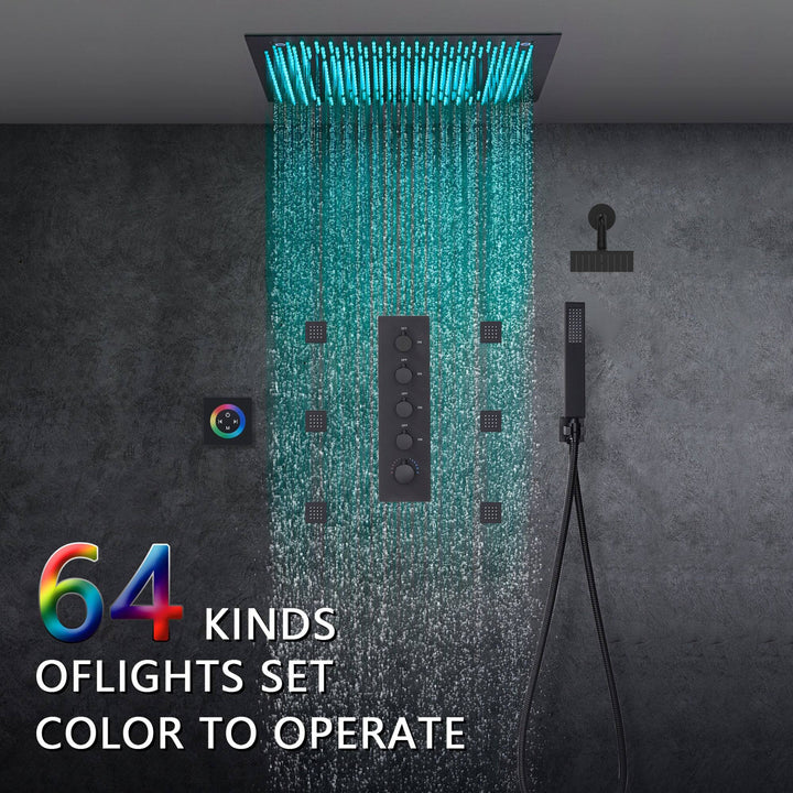 64 LED colors 20 inch Matte Black flushed on rainfall shower systems 4 way digital display thermostatic valve with Regular head and 6 body jets and touch panel