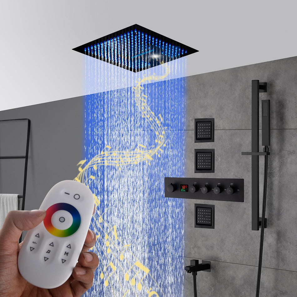 16inch 64 colors LED matt black Flushed in shower head 4 Way digital display Thermostatic Shower Faucet with body jets and sliding bar