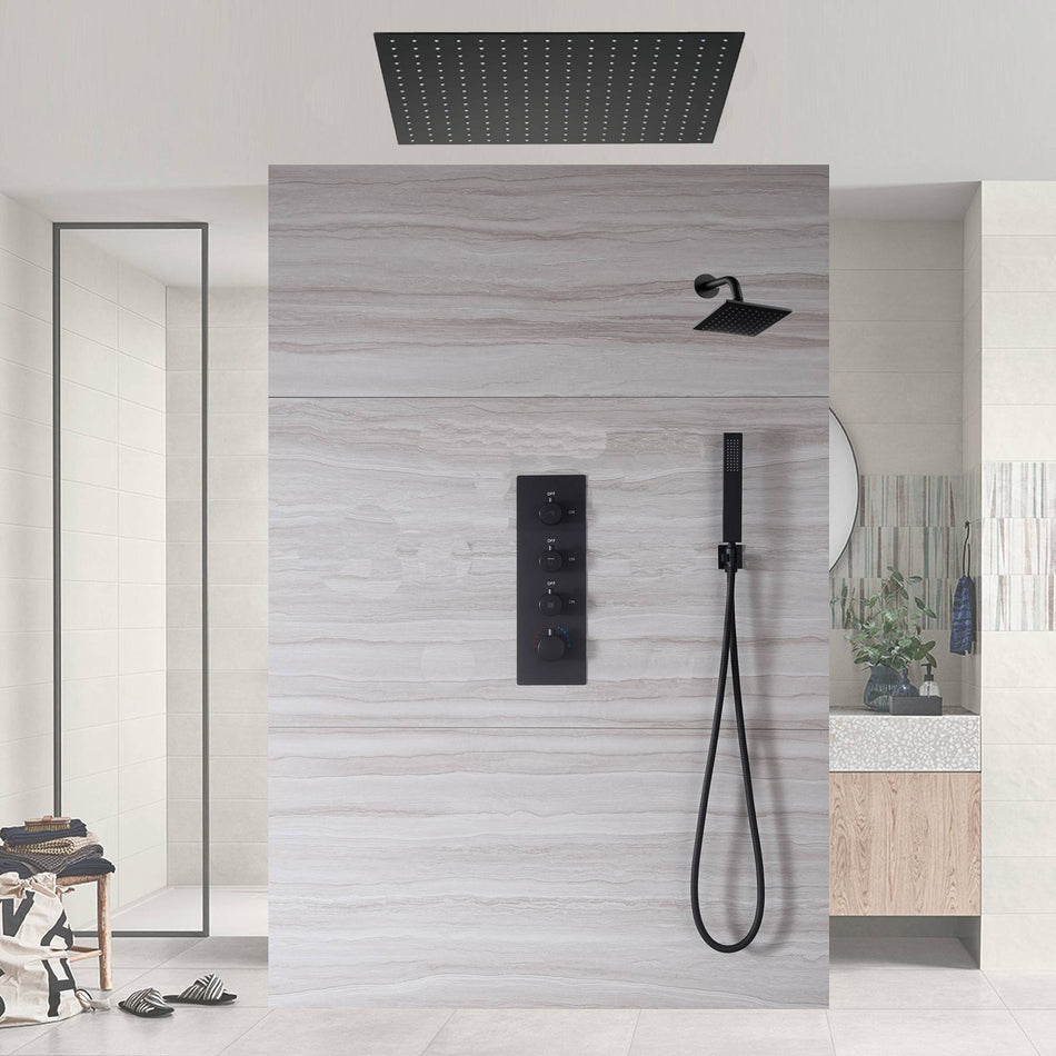 Matte black Ceiling mount 20 inch or 24 inch rain head 3 way thermostatic shower with regular shower head