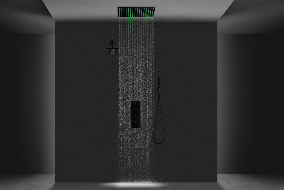 Matte black Ceiling mount 20 inch or 24 inch rain head 3 way thermostatic shower with regular shower head