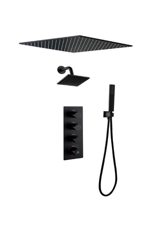 
                  
                    Matte black Ceiling mount 20 inch or 24 inch rain head 3 way thermostatic shower with regular shower head
                  
                