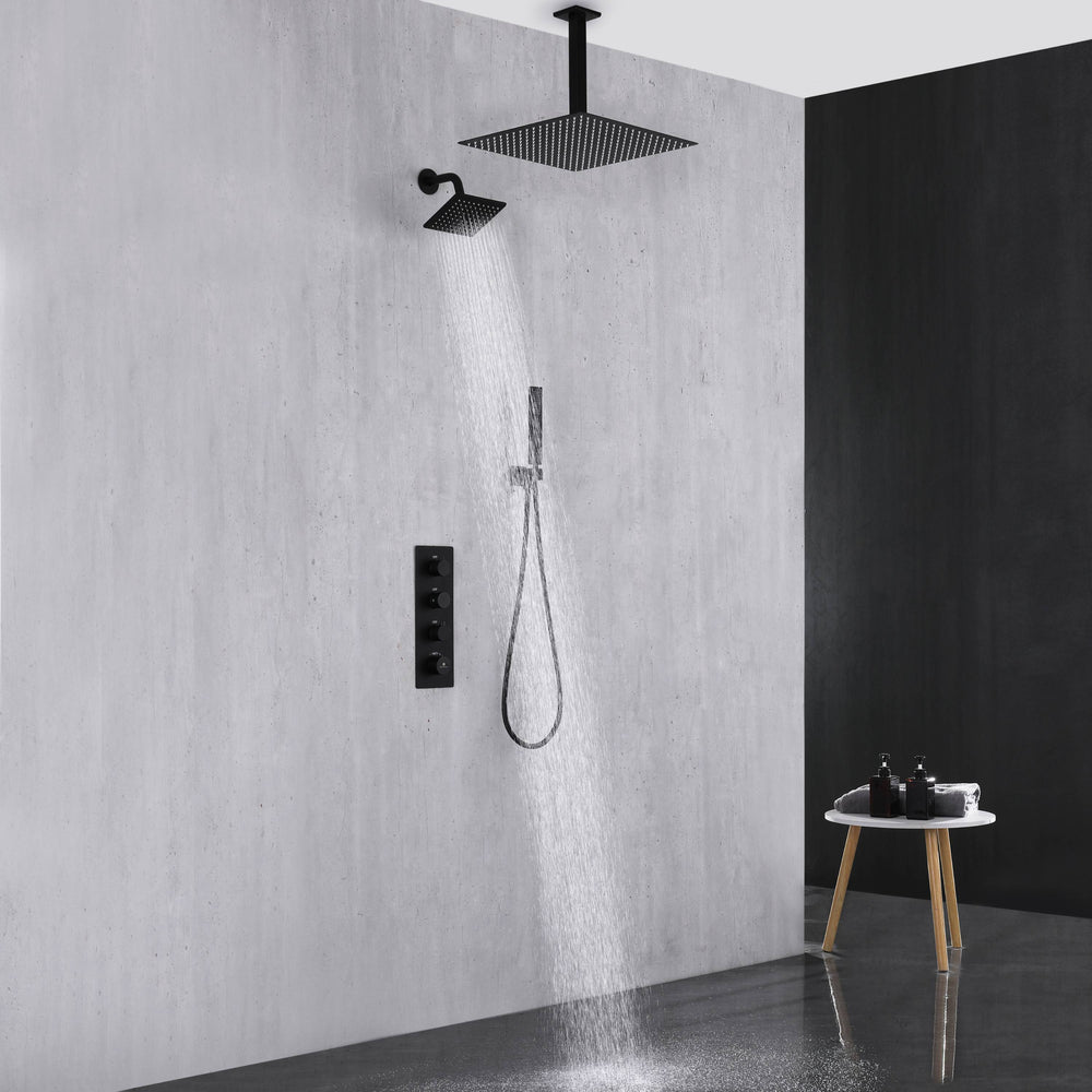 3-Way Thermostatic Complete Rain Shower System Black Wall Exposed Install  with Rough-in Valve
