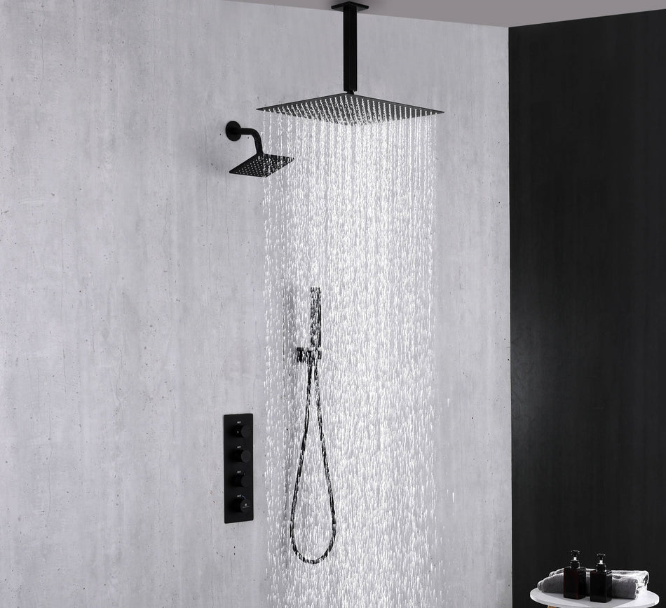 Matte Black Ceiling Mount 12 inch or 16 Inch Rainfall Shower Head Wall ...