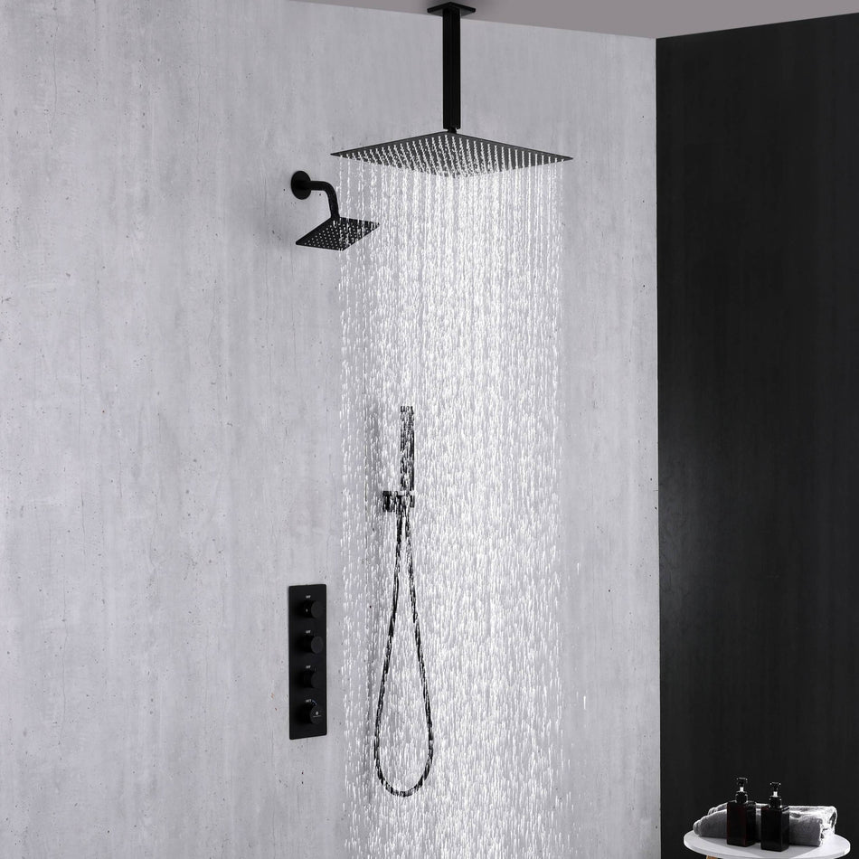 Matte Black Ceiling Mount 12 inch or 16 Inch Rainfall Shower Head Wall Mount 6 Inch High Water Pressure Regular Shower Head 3 Way Thermostatic Shower Faucet