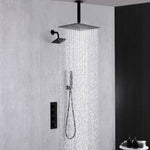 Matte Black Ceiling Mount 12 inch or 16 Inch Rainfall Shower Head Wall Mount 6 Inch High Water Pressure Regular Shower Head 3 Way Thermostatic Shower Faucet