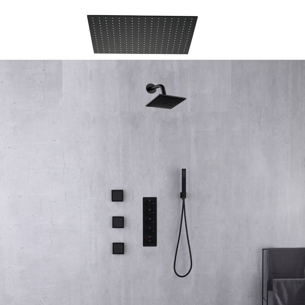 24 inch or 20 inch matte black rainfall shower system 4 way thermostatic rough in valve with body jets and 6 inch wall mount shower head