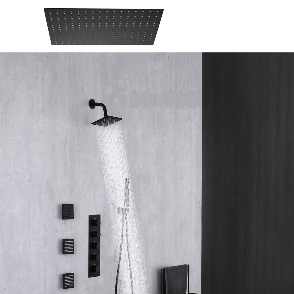 24 inch or 20 inch matte black rainfall shower system 4 way thermostatic rough in valve with body jets and 6 inch wall mount shower head