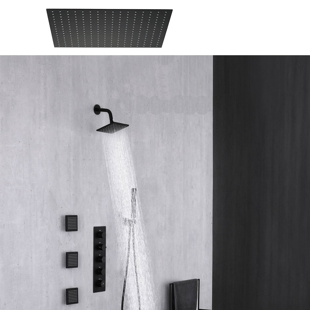 
                  
                    24 inch or 20 inch matte black rainfall shower system 4 way thermostatic rough in valve with body jets and 6 inch wall mount shower head
                  
                