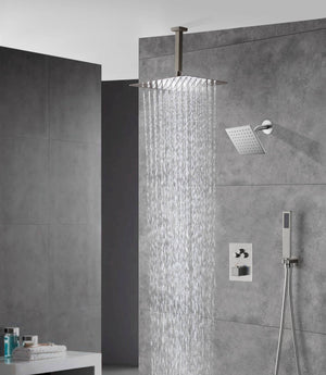 
                  
                    Brushed nickel Ceiling mount 12 Inch or 16 inch  Rainfall Shower Head Wall Mount 6 Inch Regular High Water Pressure Shower Head 3 Way Thermostatic Shower Faucet Each Function Work All together and separately
                  
                